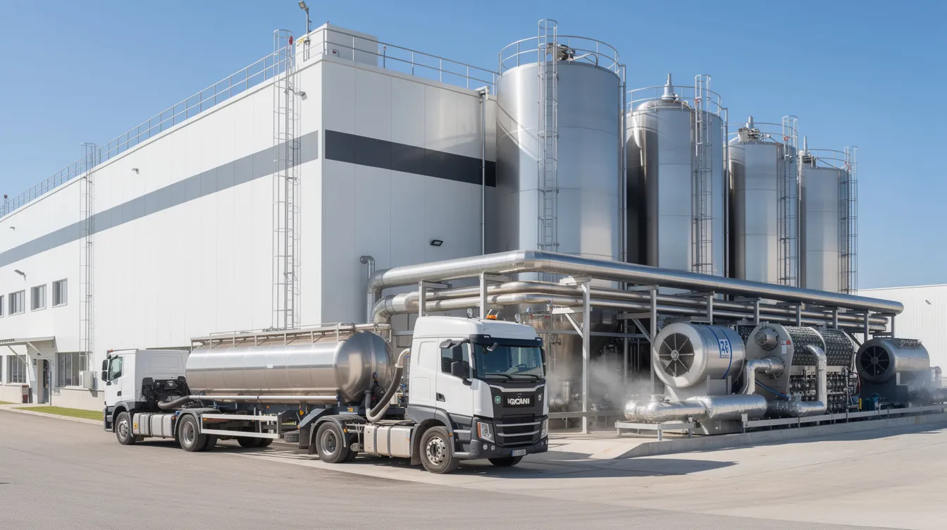 The image depicts a modern dairy processing plant bustling with activity, featuring large milk tankers and advanced cooling infrastructure. This facility is essential for dairy farming, contributing to efficient milk production and sales, while supporting dairy entrepreneurs through various financial projects and loans.