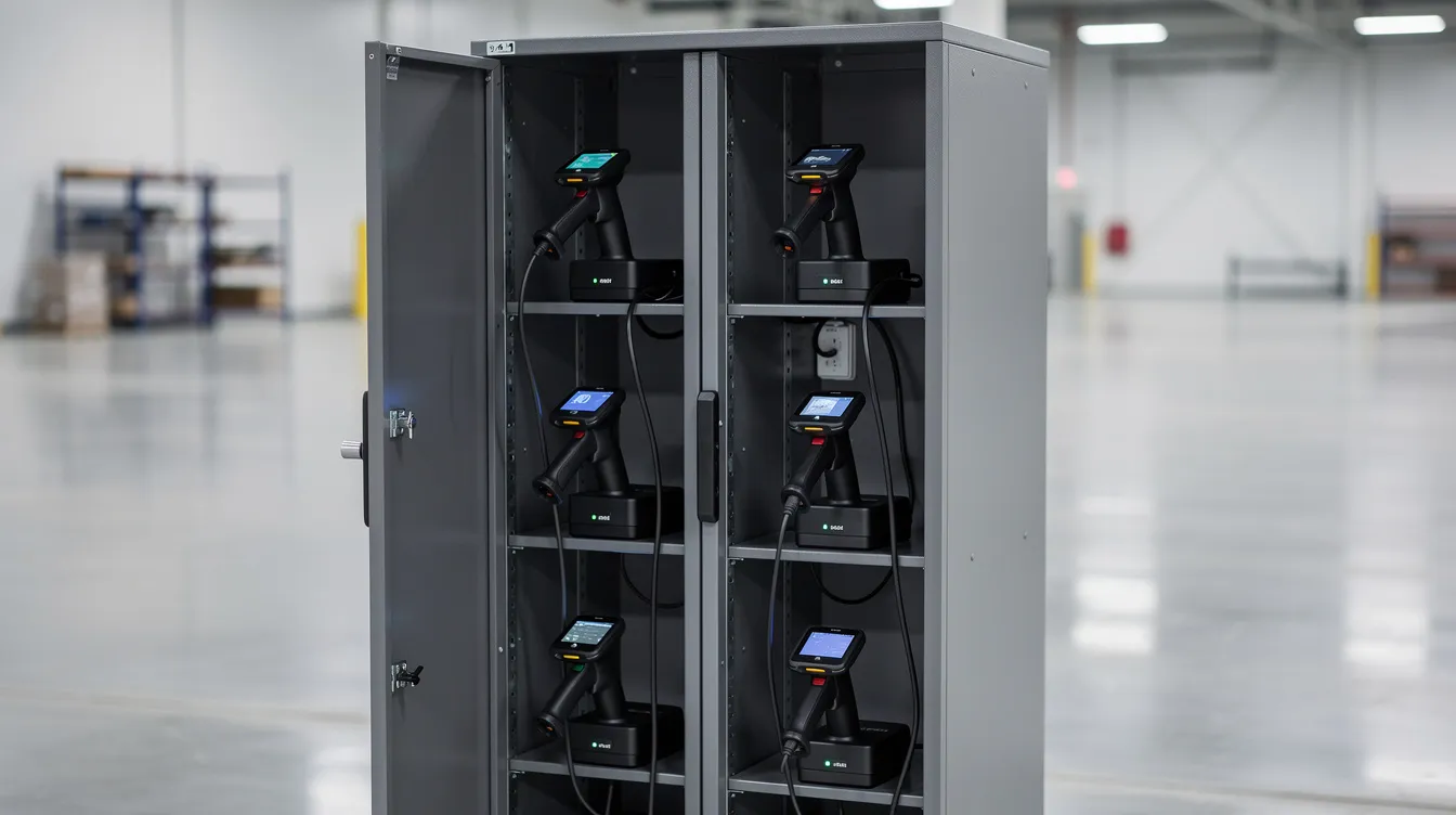 The image depicts a steel smart locker cabinet with open bays, showcasing pistol-grip barcode scanners docked neatly inside a clean industrial environment, emphasizing efficient charging and device management capabilities. This setup highlights the storage of valuable equipment, including spare lithium ion batteries and external battery chargers for optimal performance.