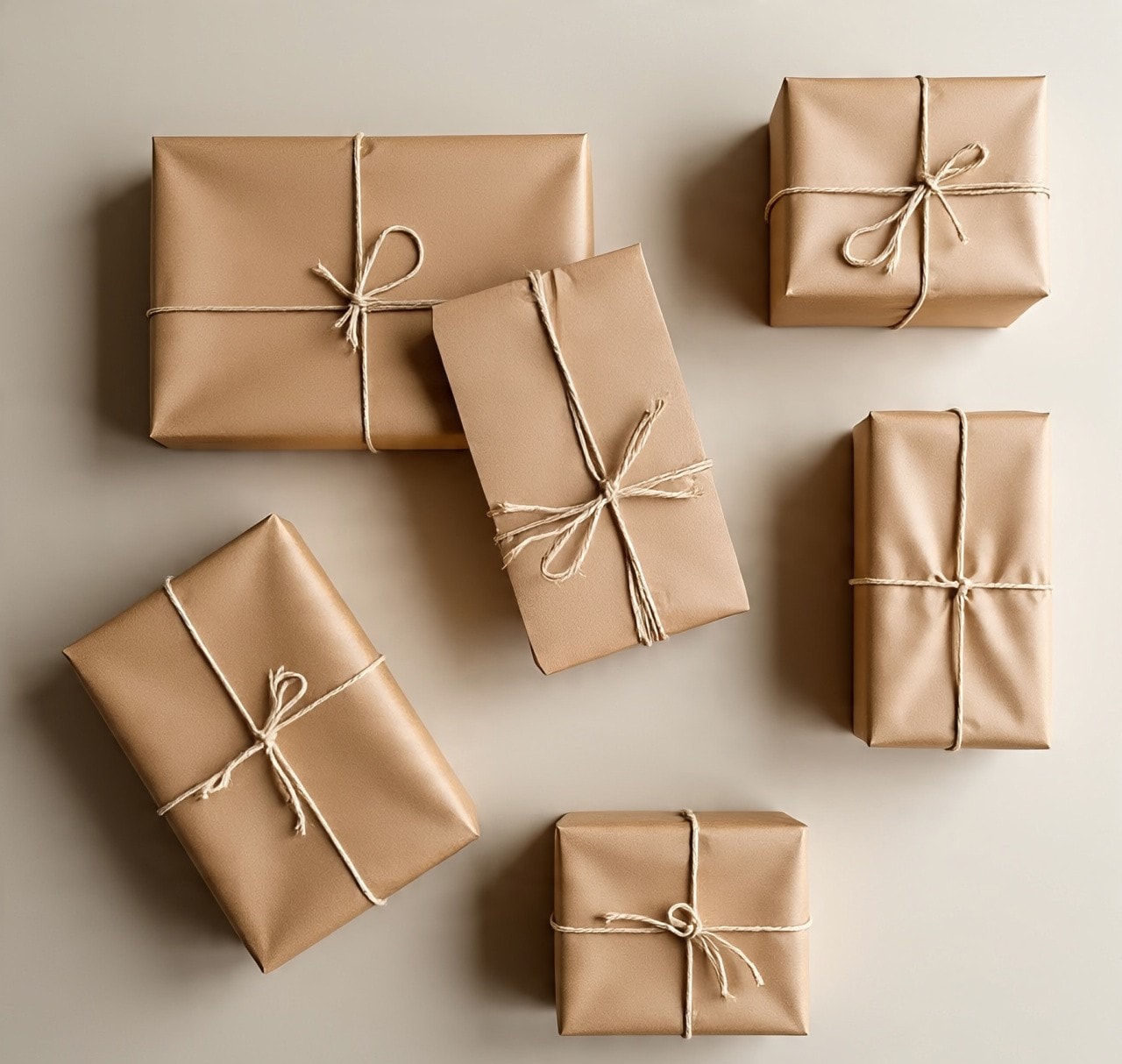 An image of several small gift boxes wrapped in brown paper and tied with string