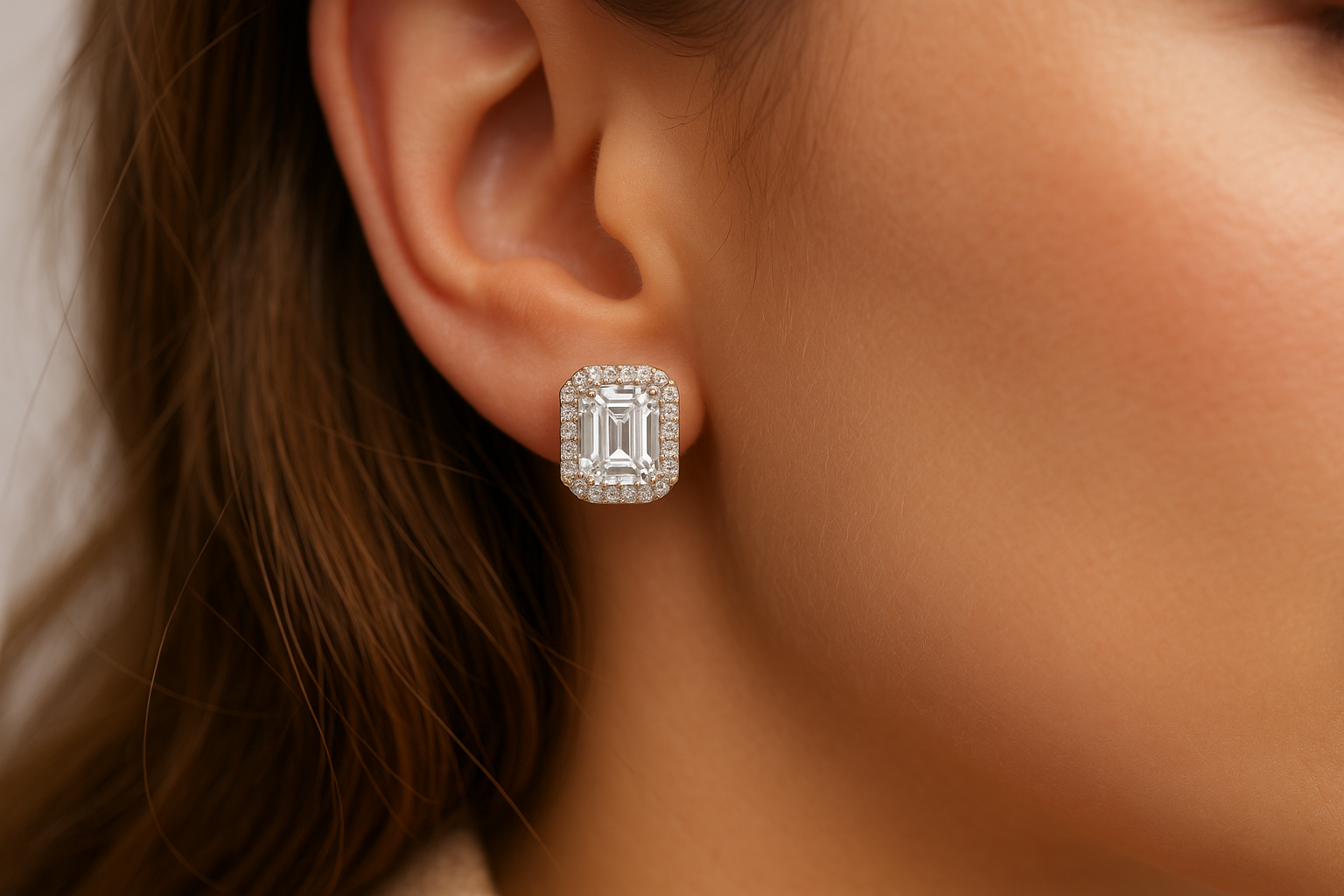 Baltos aukso vinukai auskarai su emerald cut deimantais ant stilingos moters ausies