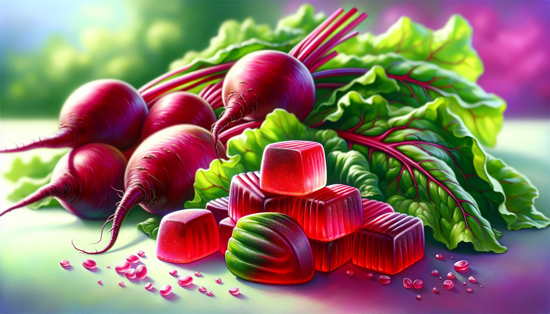 An illustration of beet root gummies with fresh beets in the background.