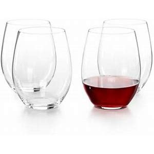 4 stemless wine glasses, one with red wine