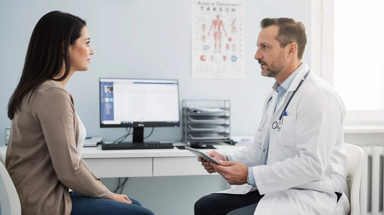 The image shows a doctor consulting with a patient in a professional office setting, discussing options for gynecomastia surgery, including the potential costs and treatment plans for excess breast tissue. The doctor is attentively listening to the patient, creating a supportive atmosphere for discussing surgical procedures.