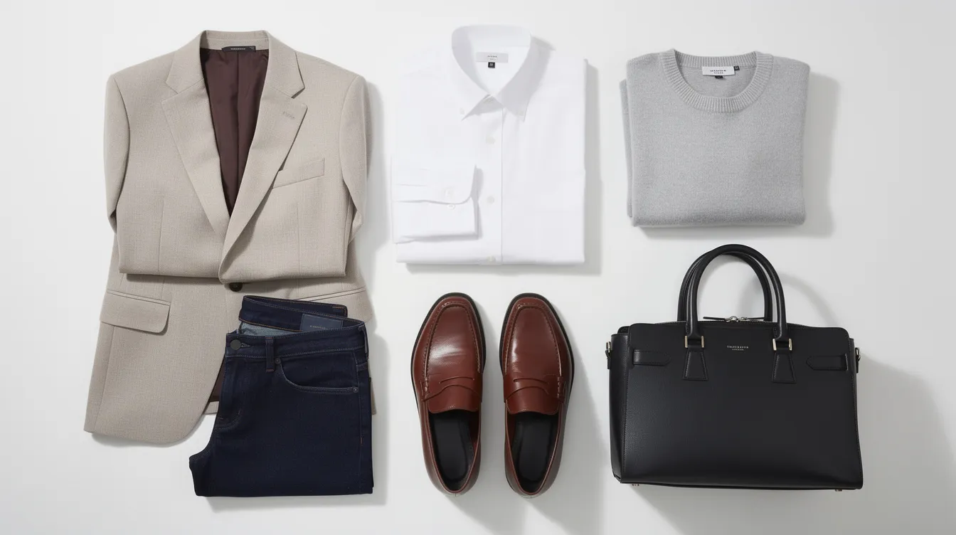A flat lay arrangement showcases essential capsule wardrobe items for women, including a chic blazer, classic white shirt, dark jeans, a cozy cashmere sweater, stylish loafers, and a structured leather bag, all set against a clean white surface. This collection represents modern style tips for dressing confidently in your 40s, balancing fashion with personality.
