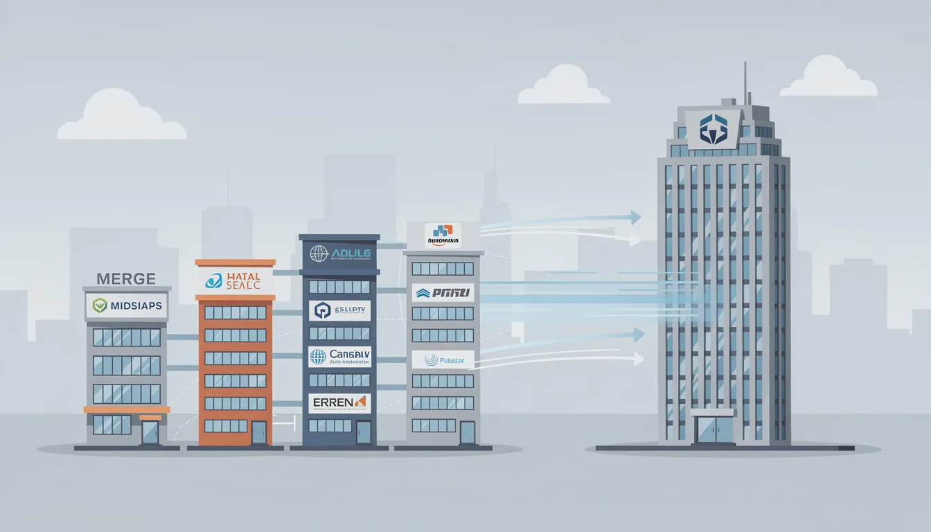 The image illustrates the concept of industry consolidation, featuring various companies merging and collaborating, symbolized by interconnected gears and AI tools. This visual representation highlights how organizations leverage artificial intelligence to gain a competitive advantage and drive innovation in the new era of technology.