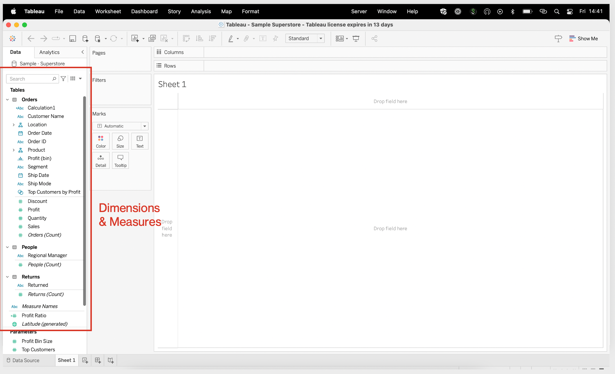 Tableau dimensions and measures pane