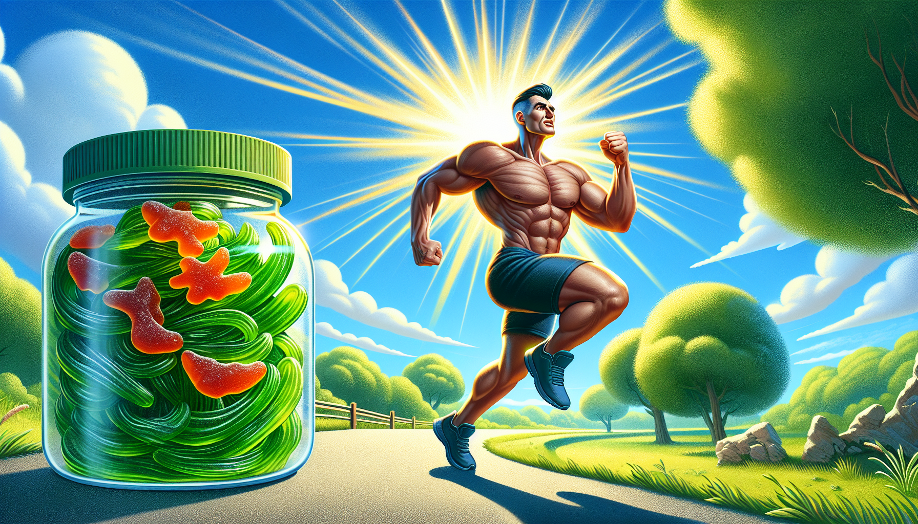 A dynamic illustration of a man engaging in fitness activities, with sea moss gummies in the foreground, representing benefits for men.