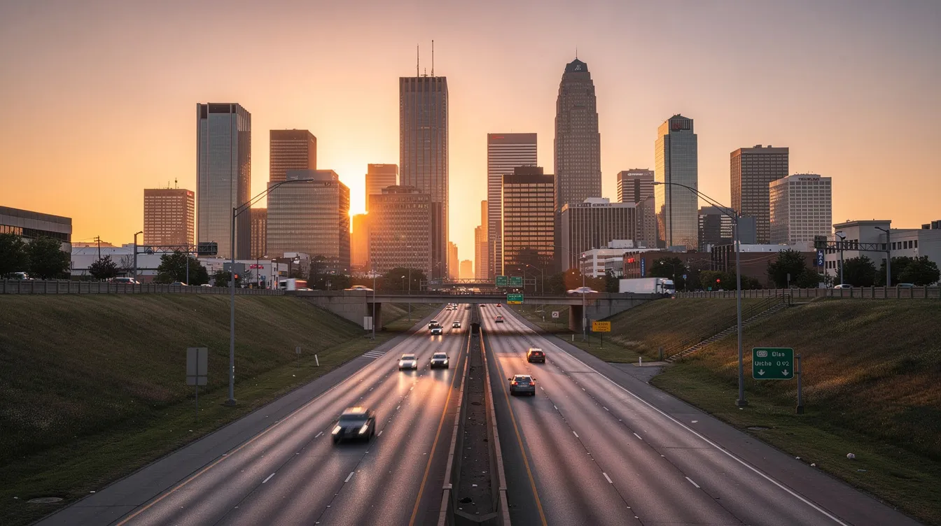 The image depicts an interstate highway leading toward a vibrant city skyline, illuminated by the warm hues of a sunset. This scene evokes the urgency of expedited car shipping as vehicles travel along the road, highlighting the importance of efficient auto transport services.