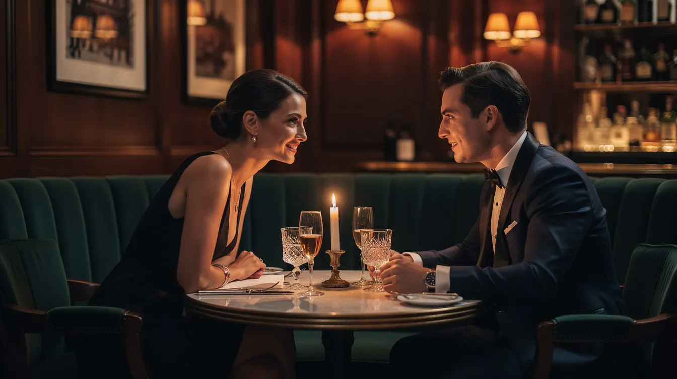 An elegantly dressed couple in conversation across a candlelit table in a sophisticated London private members' club.