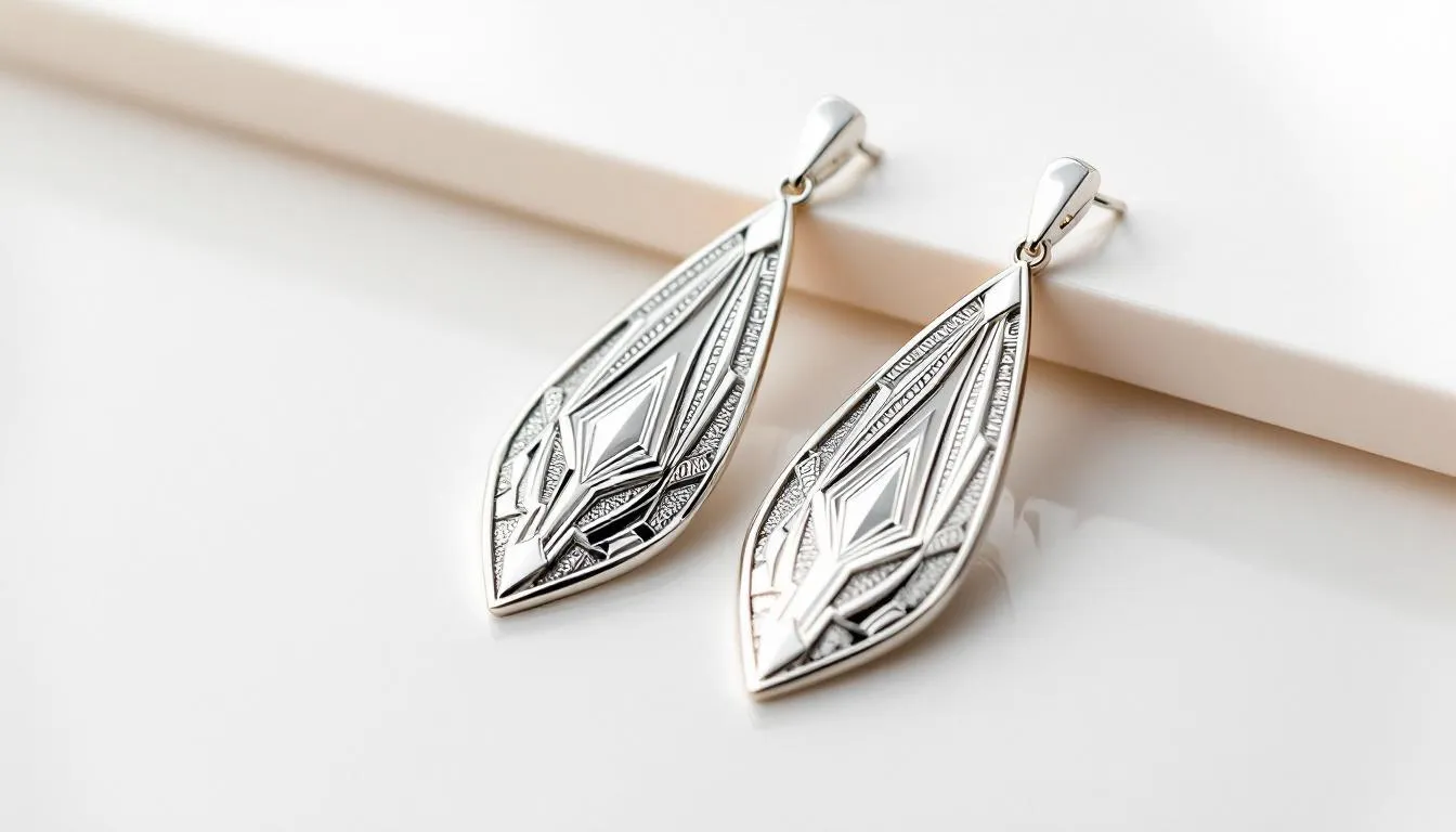 A beautiful pair of silver drop earrings displayed elegantly.