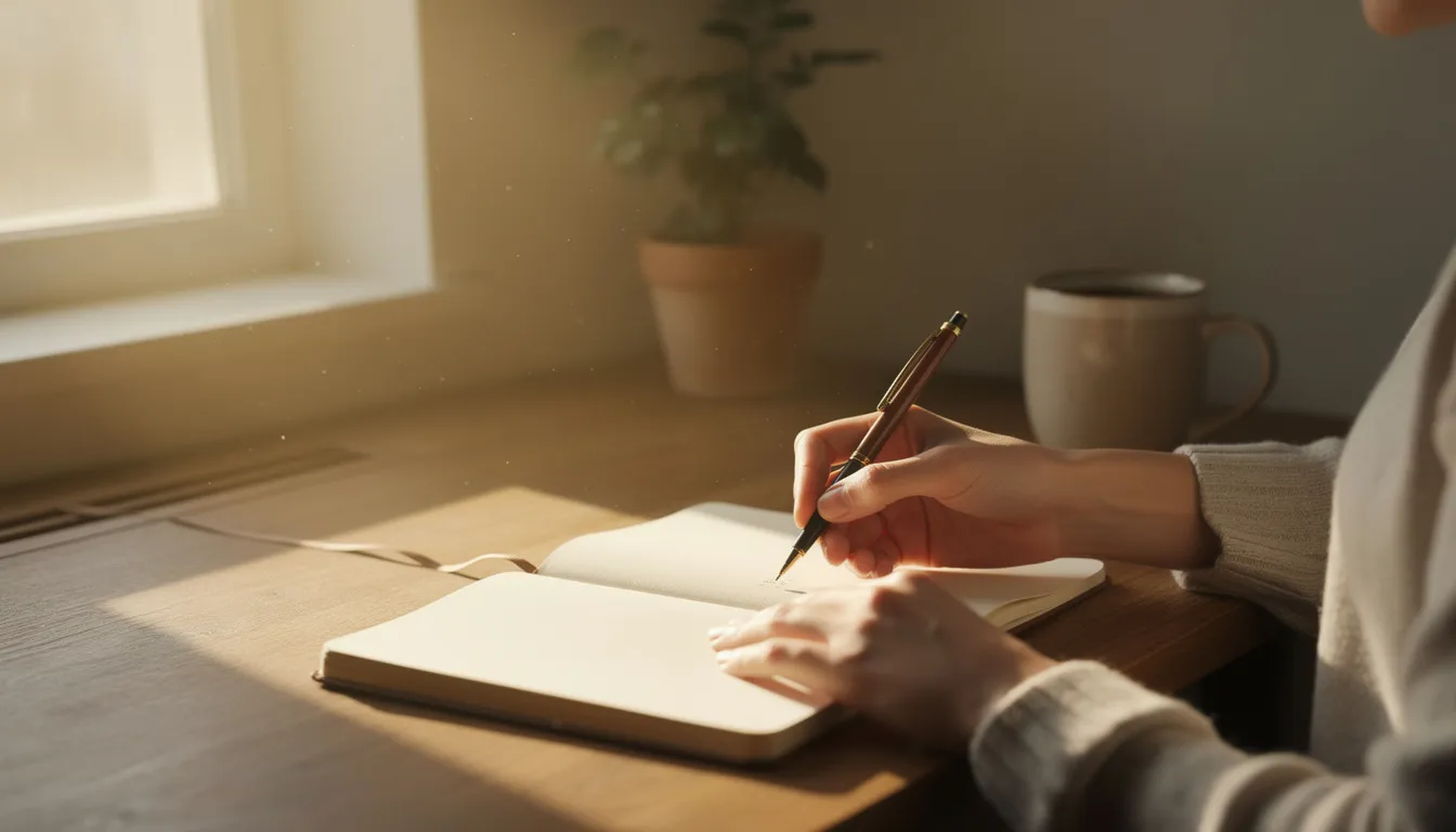 A person sits at a desk, writing in a journal while morning light streams through a nearby window, symbolizing a moment of reflection and the opportunity to overcome the fear of failure. This scene captures the essence of daily life, where individuals can embrace self-compassion and a growth mindset as they document their thoughts and experiences.