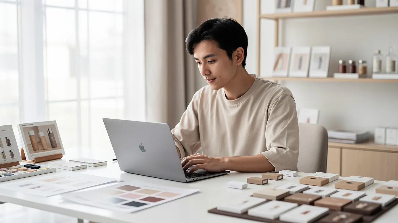 A merchant is reviewing a laptop while surrounded by various product samples in a bright and organized workspace, highlighting the importance of selecting the right Shopify theme for their online store. The setting emphasizes a clean design and functionality, essential for enhancing user experience and conversion rates.