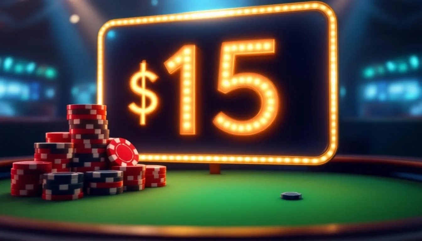 An illustration of a $15 no deposit bonus offer from an online casino.