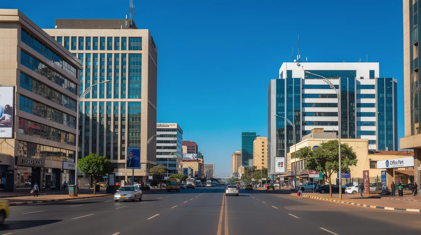 The image depicts a modern cityscape in Lusaka, showcasing tall commercial buildings against a clear blue sky, symbolizing the growth and progress of businesses in Zambia. This vibrant scene reflects the impressive performance of financial institutions like Stanbic Bank, recognized for their customer satisfaction and strategic initiatives in the region.