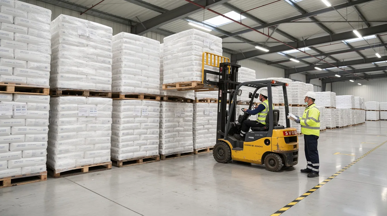 56ffc18a e916 41cc a21b 388f419aad59 The image shows stacked bags of milk powder in a clean warehouse, with workers operating a forklift to manage the inventory. This scene highlights the milk powder manufacturing process within the dairy processing industry, emphasizing the organized storage and distribution of this essential dehydrated dairy product.