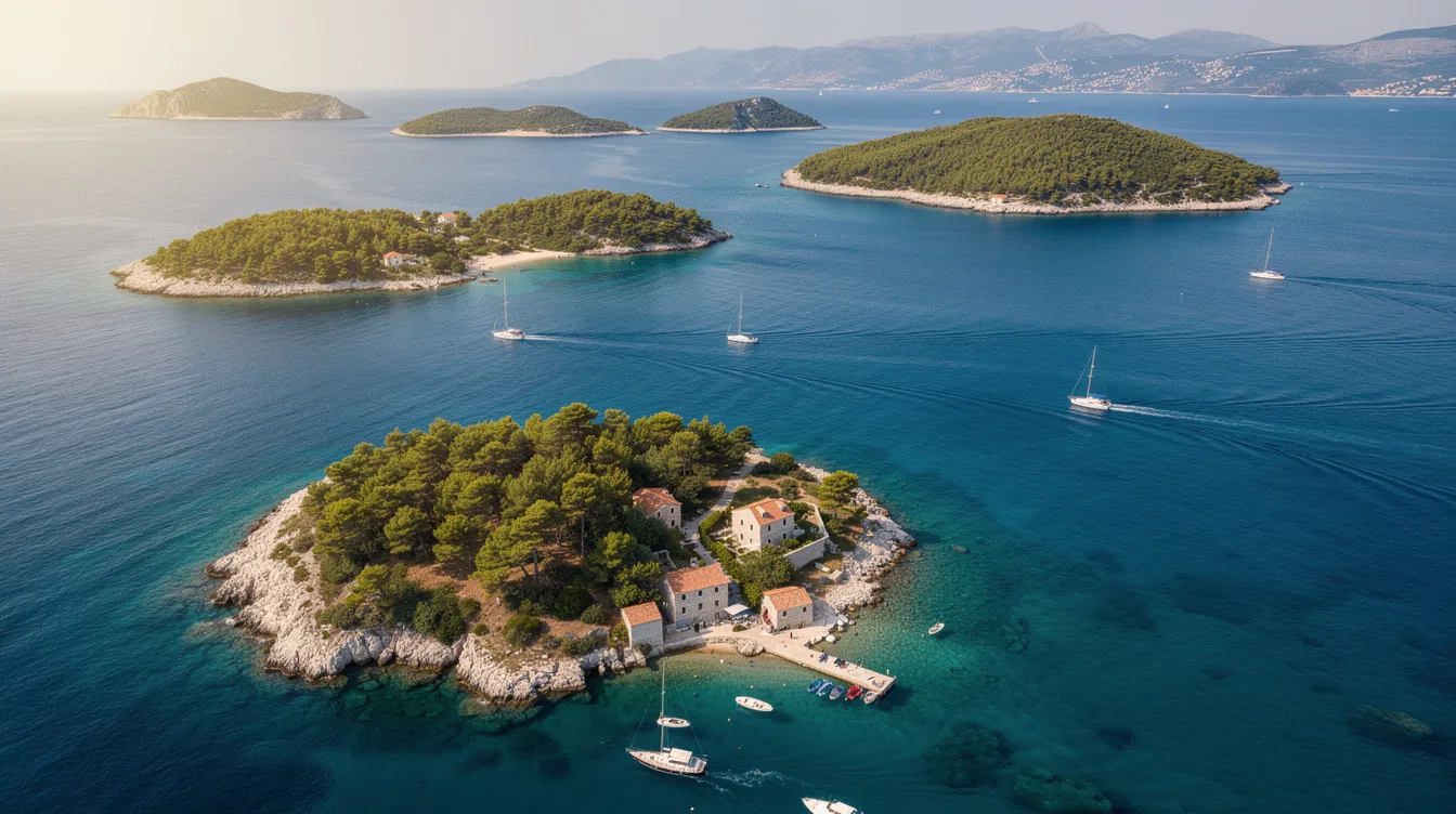 Imagem das Ilhas Elafiti, na Croácia, mostrando praias de areia branca cercadas por águas cristalinas e vegetação exuberante. Ao fundo, pode-se ver uma pequena igreja, simbolizando a rica cultura e história da região.