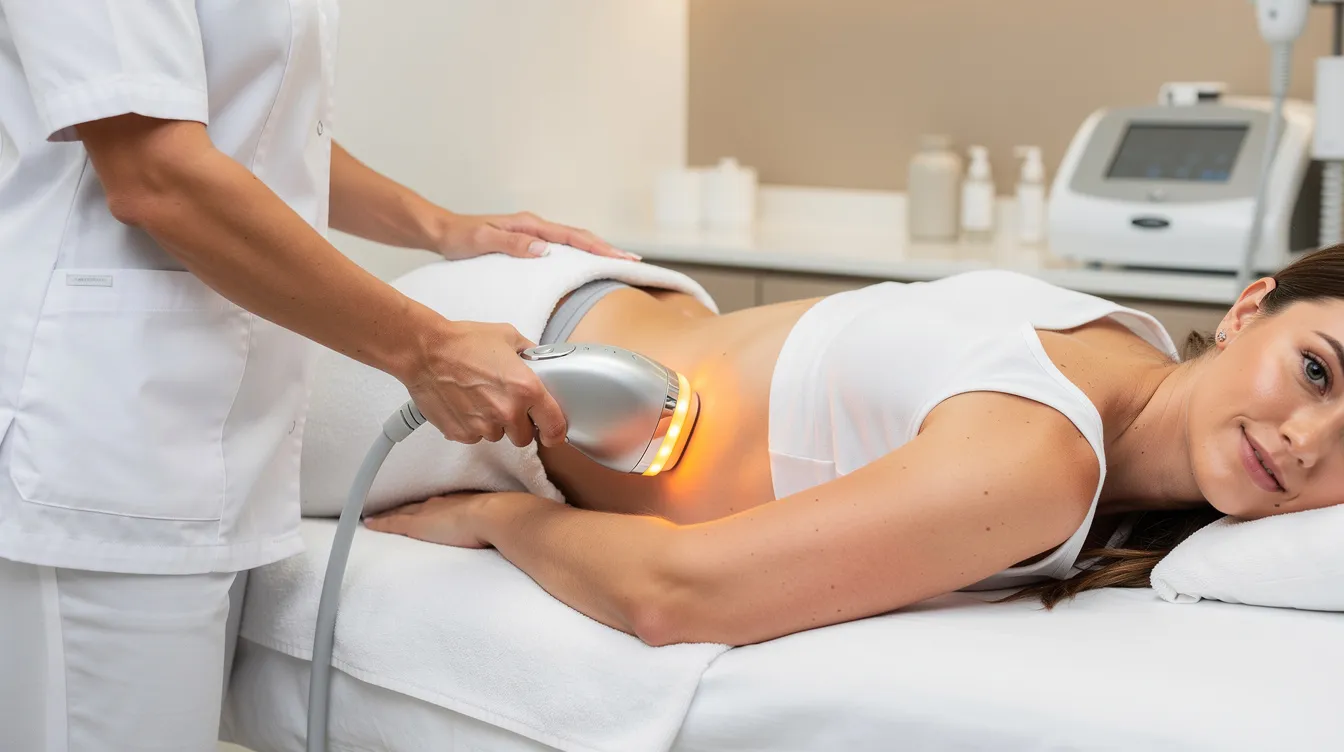 The image shows a patient lying comfortably on a treatment table in a modern medical spa, undergoing a radiofrequency body contouring procedure on the flank area, aimed at reducing stubborn fat cells and improving skin texture without surgery. The serene environment highlights the non-invasive nature of this body sculpting treatment, which stimulates collagen production for enhanced results.