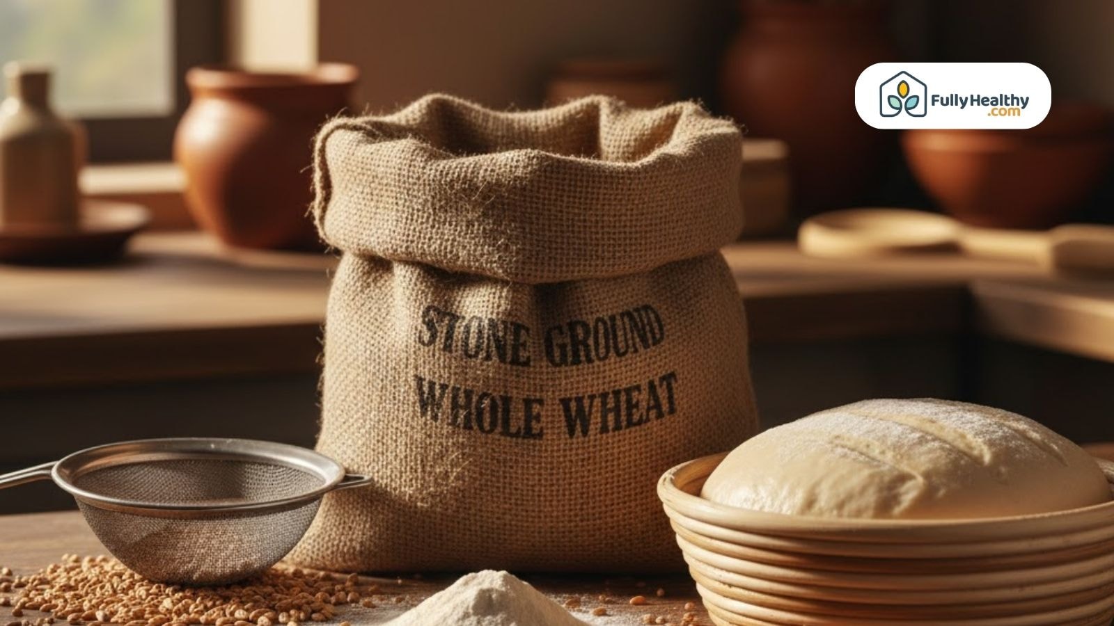 Sack of stone ground whole wheat flour with dough and sifter