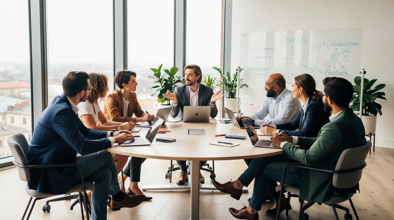 Un groupe de professionnels participe à une session de coaching collaboratif dans un espace lumineux, où ils échangent des conseils sur la gestion de leurs finances et l'établissement d'un budget. L'atmosphère est dynamique et propice à la réflexion sur les objectifs financiers et les projets futurs.