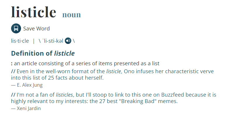 Listicle definition by Merriam-Webster Dictionary | TheBloggingBox.com