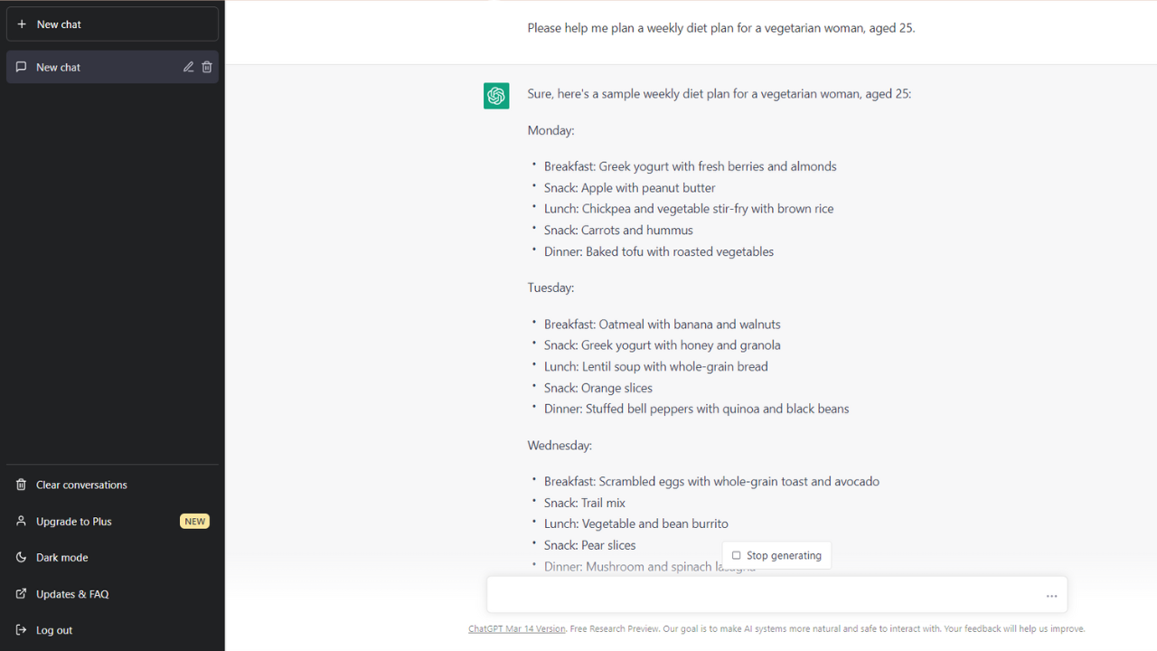 Screenshot of ChatGPT writing about a weekly diet plan for a 25 year old vegetarian girl.
