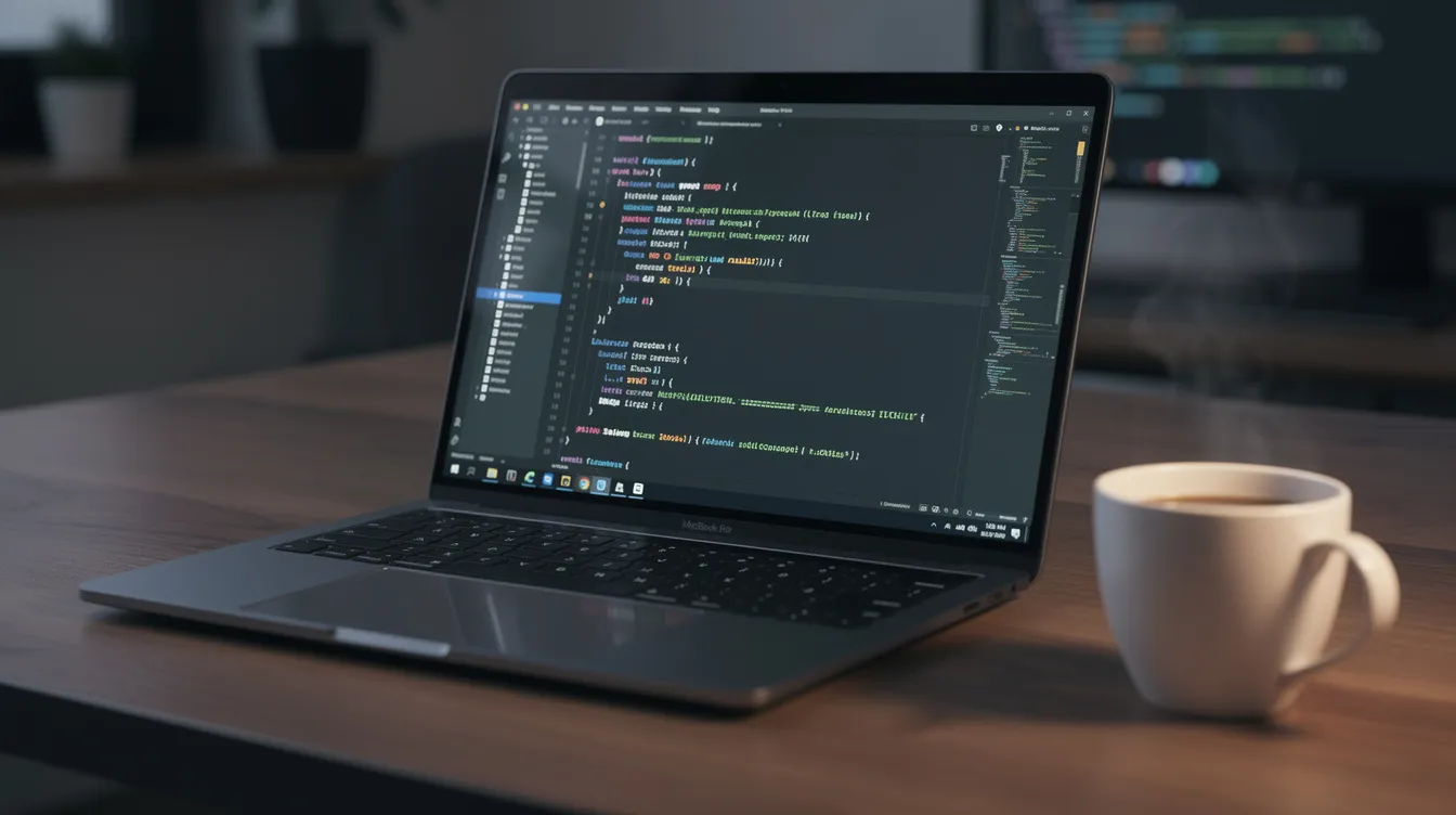 The image shows a laptop screen filled with Python code in a dark-themed editor, accompanied by a coffee cup, suggesting a cozy coding environment often used by engineers working on machine learning projects or preparing for a Hugging Face interview. The scene reflects open source collaboration and the use of tools like Hugging Face's transformers library.