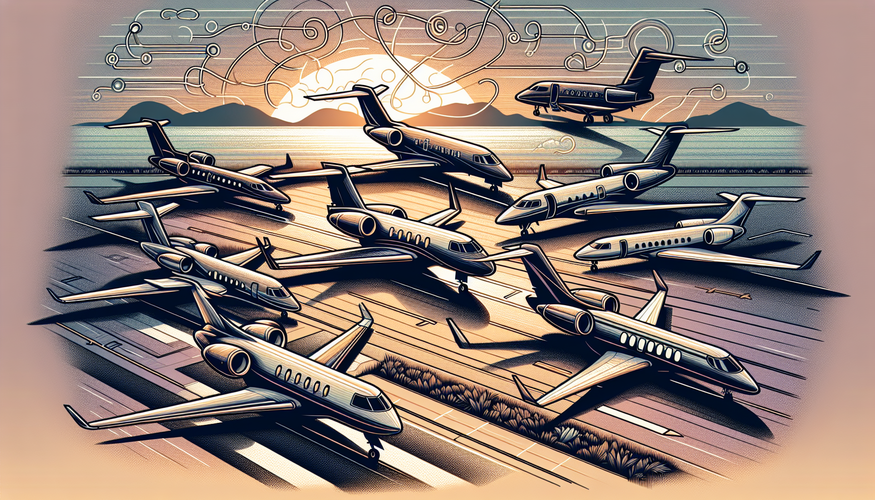 Illustration of a selection of private jets suitable for charter flights