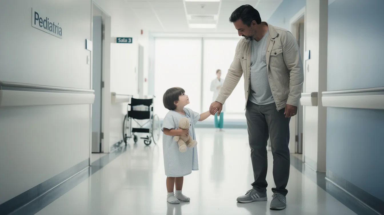 Un padre sostiene la mano de su hijo pequeño en un hospital, mostrando un momento de apoyo y cuidado en medio de la atención médica. La imagen refleja la importancia de la protección familiar frente a posibles casos de negligencia médica infantil.