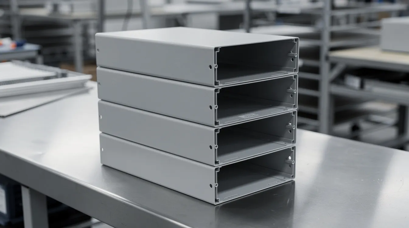 The image features stacked precision sheet metal enclosures with a smooth powder-coated finish, resting on a factory inspection table. These enclosures are part of the sheet metal fabrication process, showcasing high-quality custom sheet metal parts designed for various applications, including consumer electronics and automotive industries.
