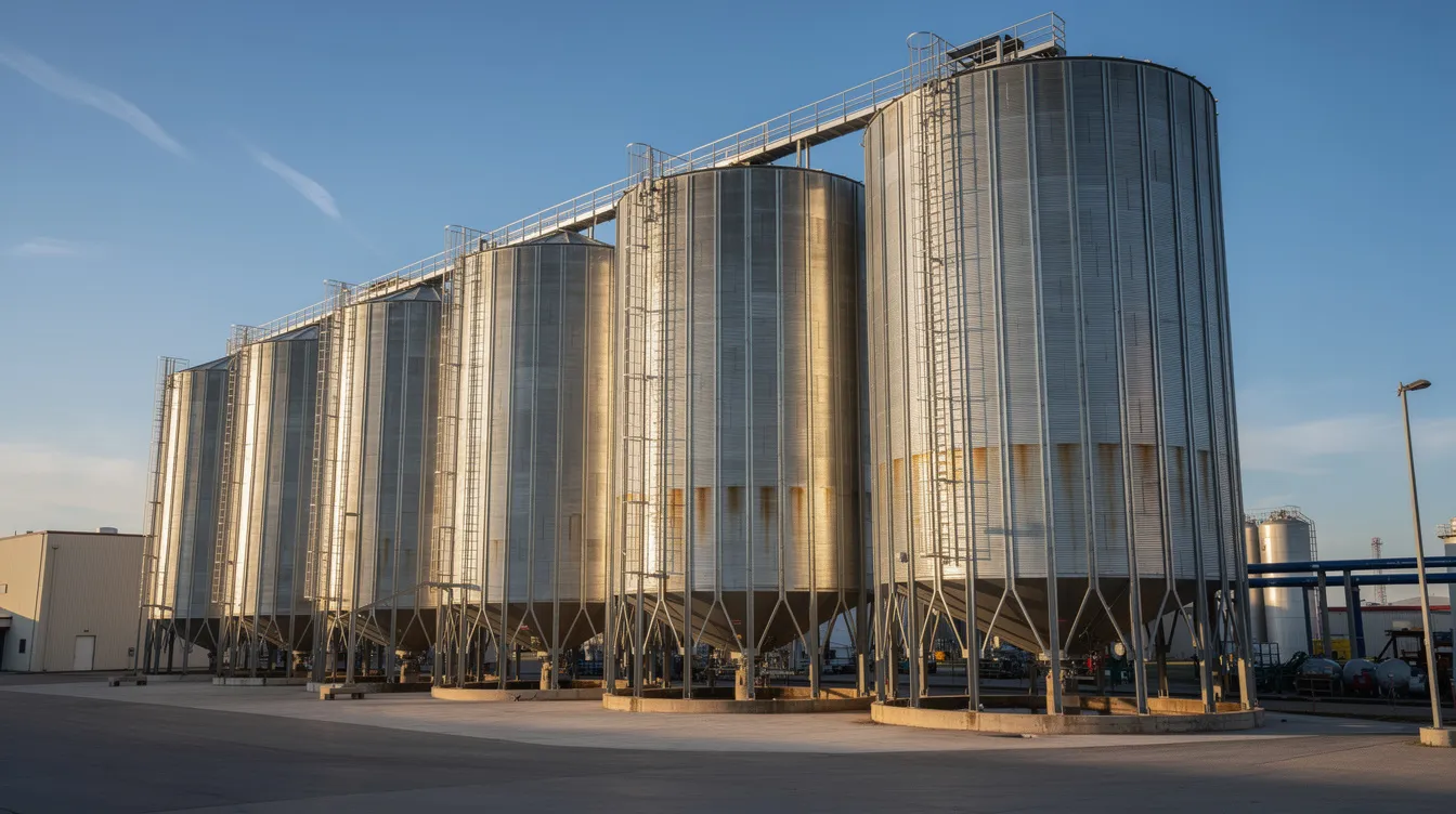 570b8a89 dbc8 41ba bc47 1ba85626576d The image depicts a row of large steel grain silos at a manufacturing facility, essential for the grain-based ethanol production process. These silos play a crucial role in grain handling and storage, supporting the ethanol plant's operations.