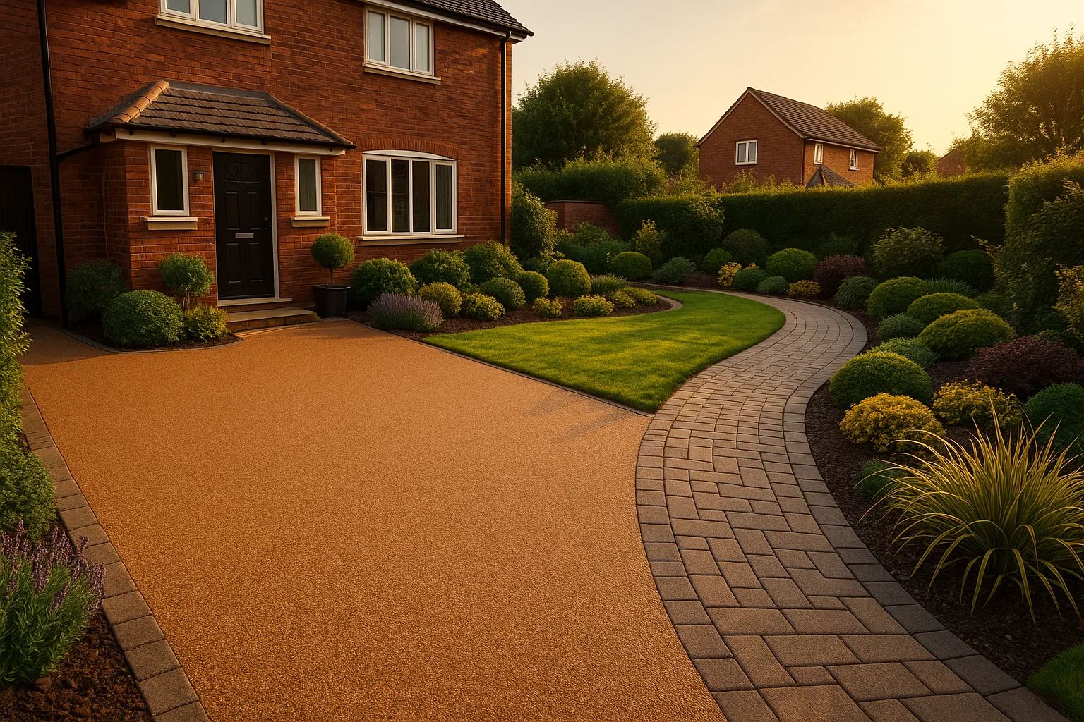 UK home with L&R Surfacing resin driveway and landscaped garden paths.