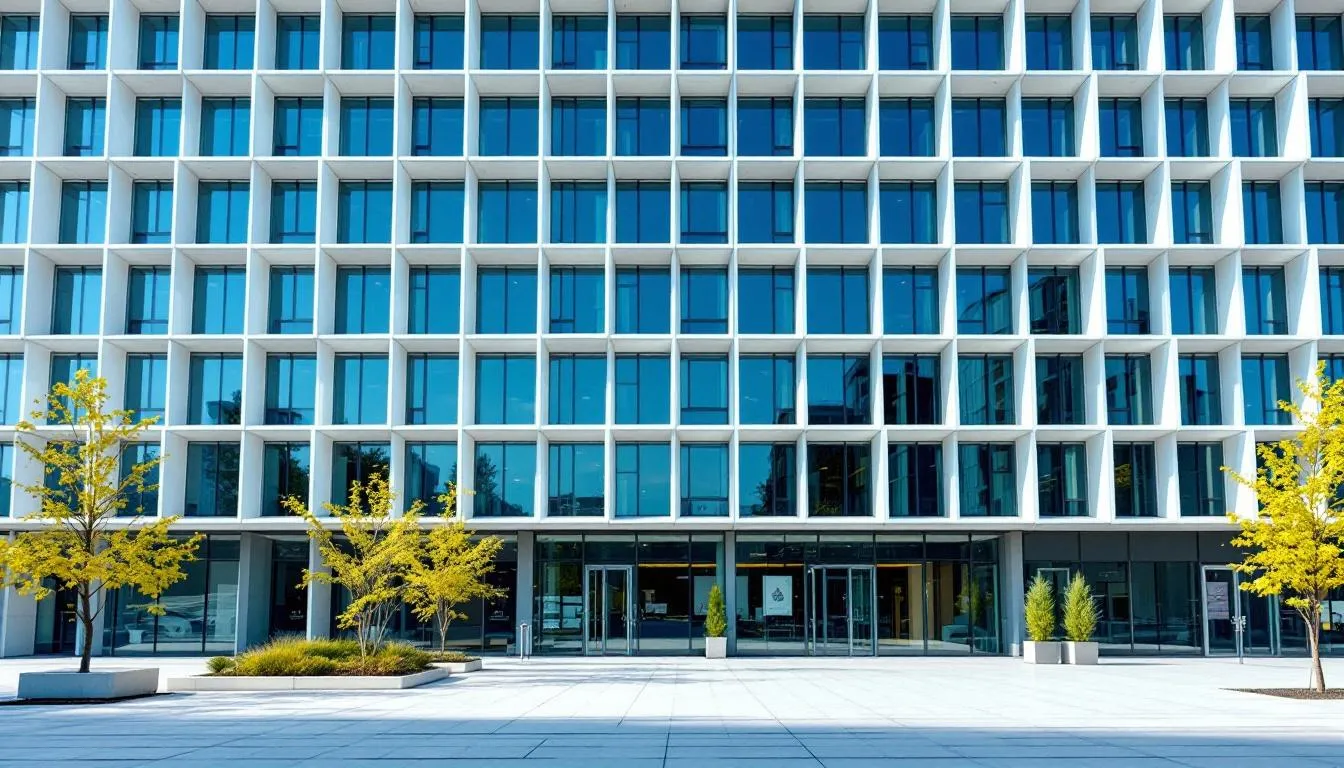 Een modern kantoorgebouw met strakke Cube serie kozijnen, vervaardigd uit hoogwaardige aluminium en kunststof materialen. De gevel is voorzien van grote ramen met dubbel glas, wat bijdraagt aan de energiezuinigheid en uitstraling van het gebouw.