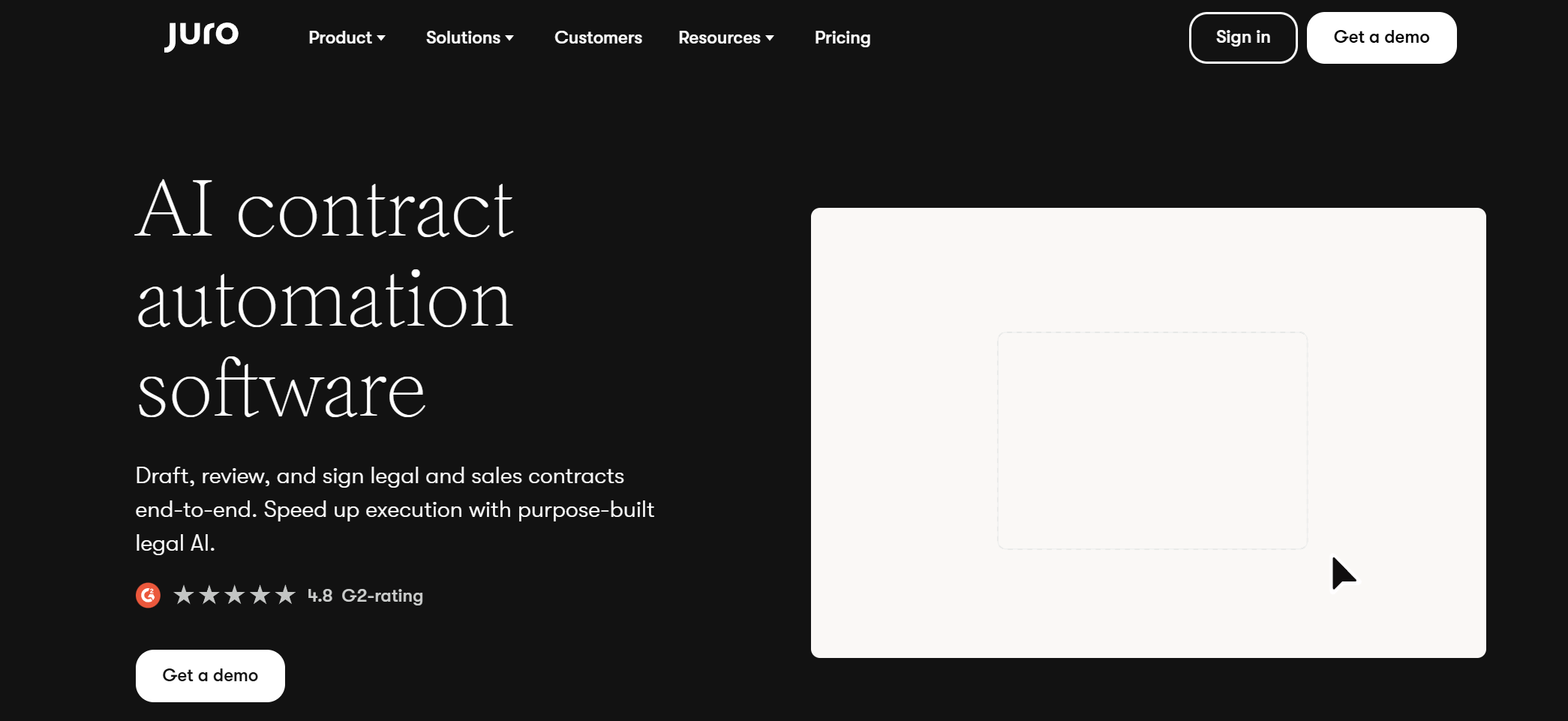 Juro homepage promoting AI contract automation software for drafting, reviewing, and signing legal and sales contracts, with demo and sign-in options.