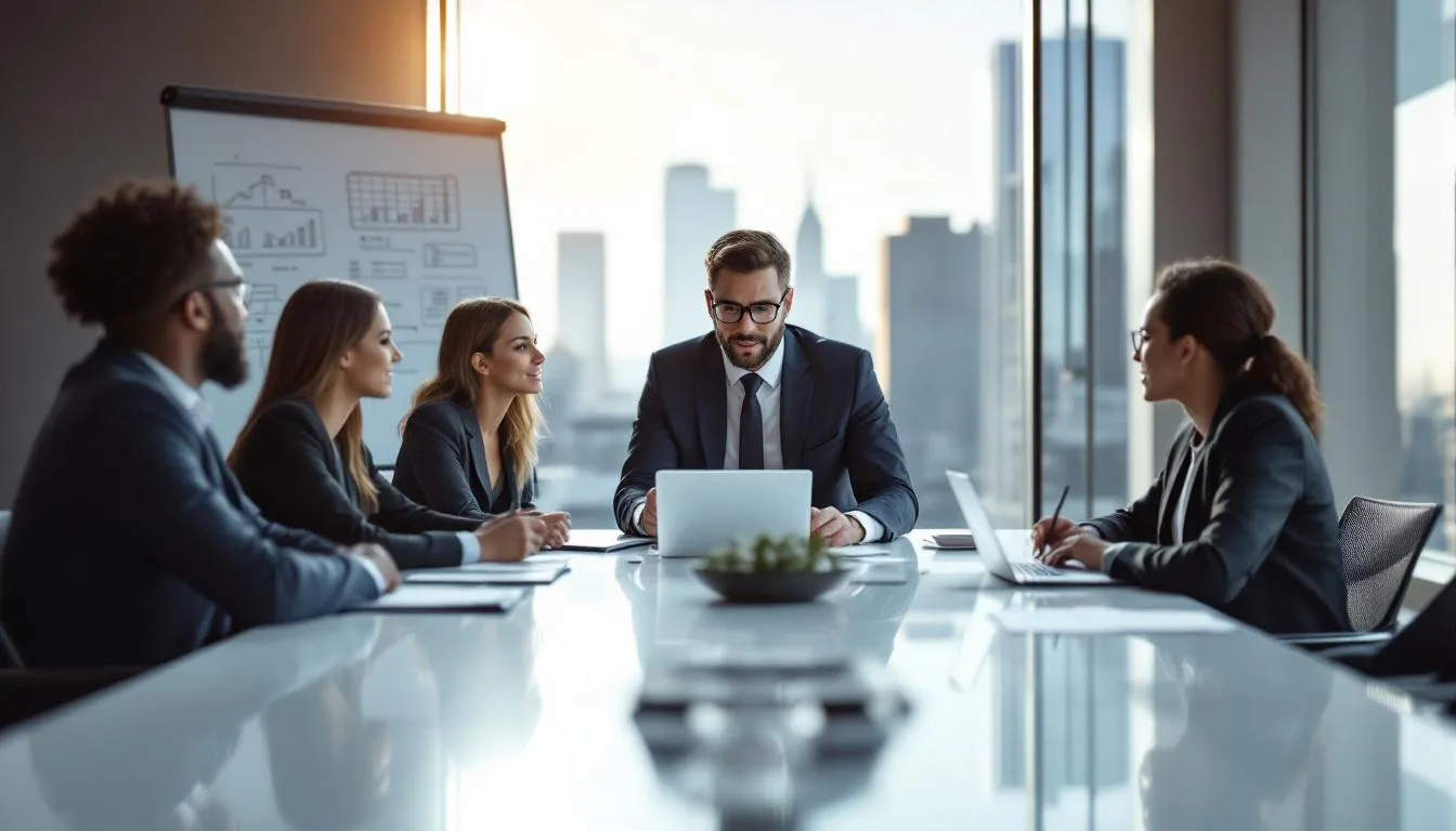 A group of business professionals, including private equity associates and managing directors, are engaged in a strategy discussion within a modern conference room, highlighting the collaborative environment typical in the private equity industry. The setting reflects a focus on deal execution and financial modeling, essential aspects of their roles in private equity firms.