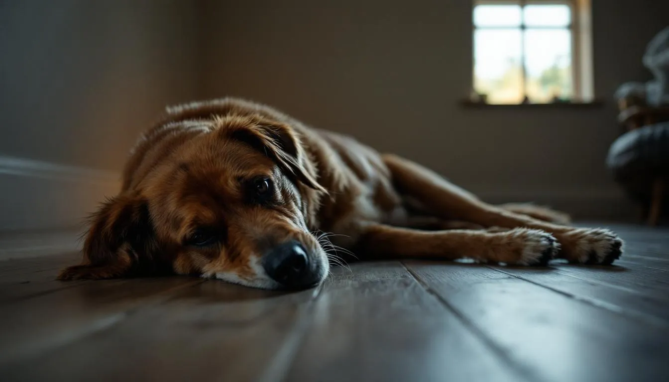 A dog is lying down with a distressed expression, showing signs of digestive discomfort, which may indicate issues related to its sensitive stomach. This image highlights the importance of choosing the right dog food that supports healthy digestion and alleviates digestive issues for dogs with sensitive stomachs.