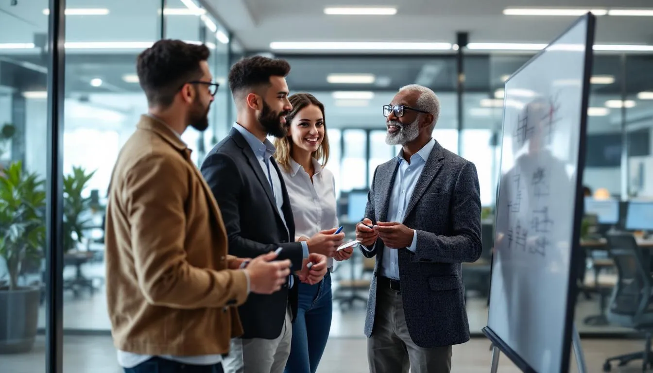In einem Büro findet ein kreatives Brainstorming statt, bei dem Menschen verschiedener Generationen, darunter Babyboomer, Generation X, Millennials und Generation Z, zusammenarbeiten. Die Gruppe diskutiert Werte und Ideen, um die Arbeitswelt und das Employer Branding zu verbessern, während sie den Wandel in der Gesellschaft und die Digitalisierung berücksichtigen.