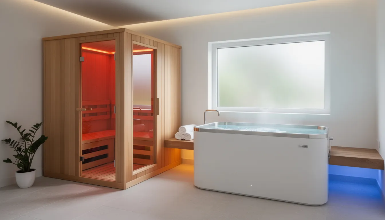 The image depicts a modern home wellness room featuring a sleek wooden infrared sauna cabin alongside a cold plunge tub, both illuminated by soothing ambient lighting. This setup promotes health benefits such as improved circulation and muscle recovery through infrared sauna therapy and cold plunges.