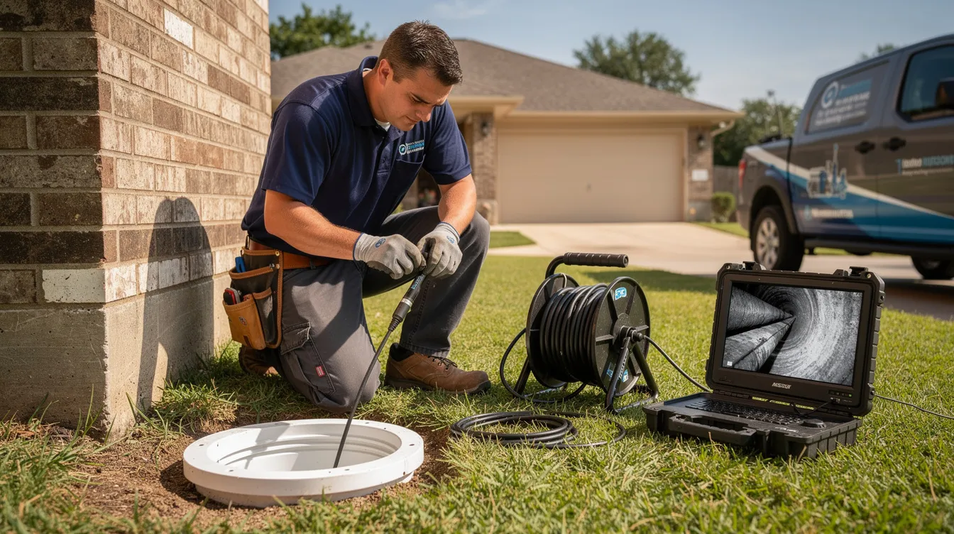 A plumber is seen feeding a flexible camera cable into a sewer cleanout pipe in a residential yard, demonstrating a plumbing service that helps with leak detection and clogged drains. This efficient solution is part of their commitment to providing reliable same day plumbing for homeowners.