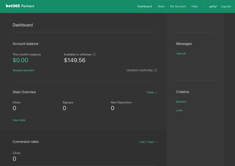 Bet365 Partners affiliate dashboard