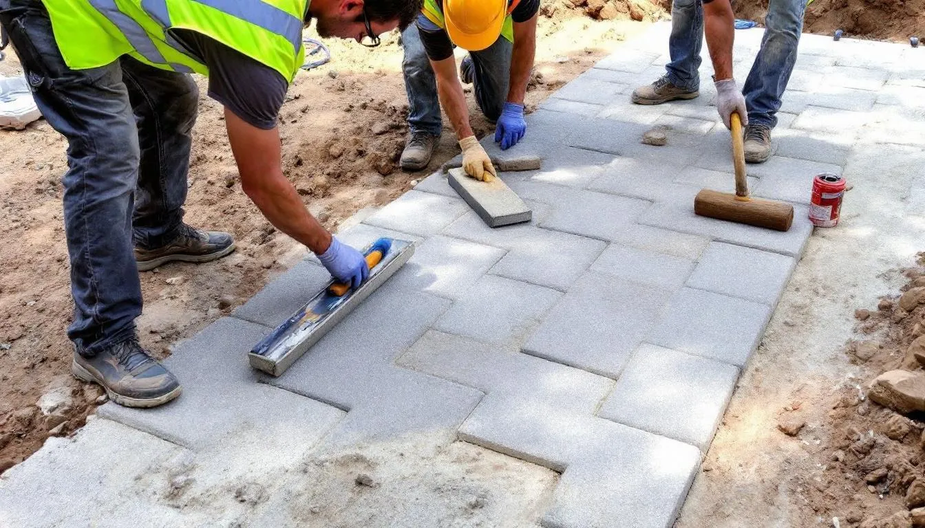 In the image, workers are seen installing large granite pavers on a prepared base, utilizing proper tools and equipment to ensure a durable and precise installation for a new patio. The natural stone pavers are being laid carefully to create an elegant outdoor space that can withstand freeze-thaw cycles.