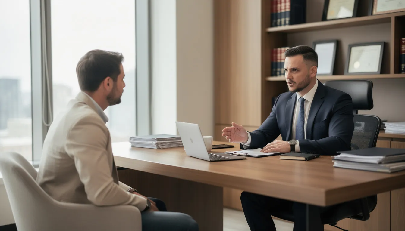 The image depicts a professional consultation between an attorney and a client in an office setting, where they discuss details related to a workers' compensation claim. The attorney is likely advising the client on matters such as medical treatment and the role of the authorized treating physician in the workers' compensation system.