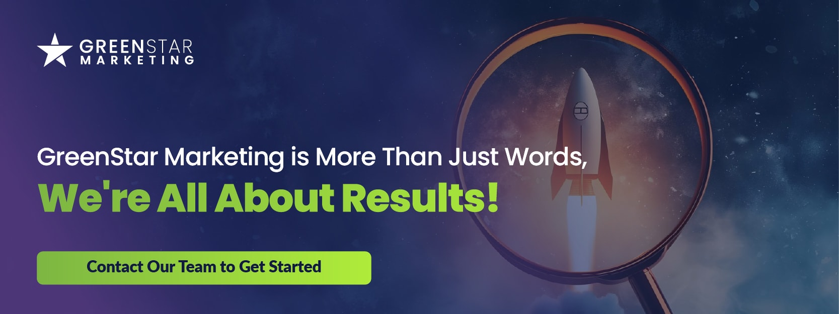 GreenStar Marketing banner with rocket launch seen through a magnifying glass and the tagline, “We’re All About Results!”