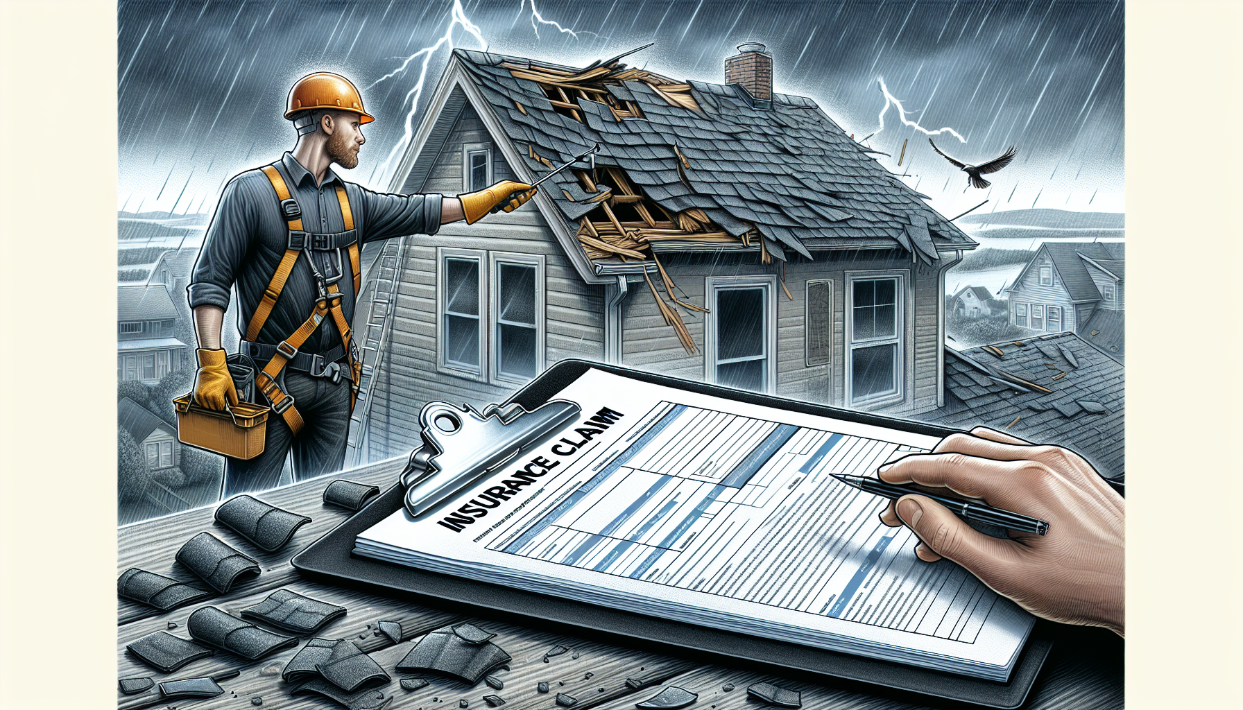 An illustration of a damaged roof being assessed for insurance claims.