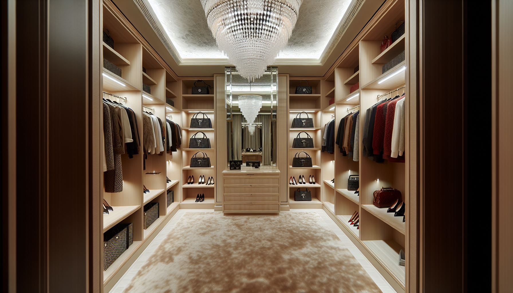 Elegant lighting fixtures in a luxurious walk in closet