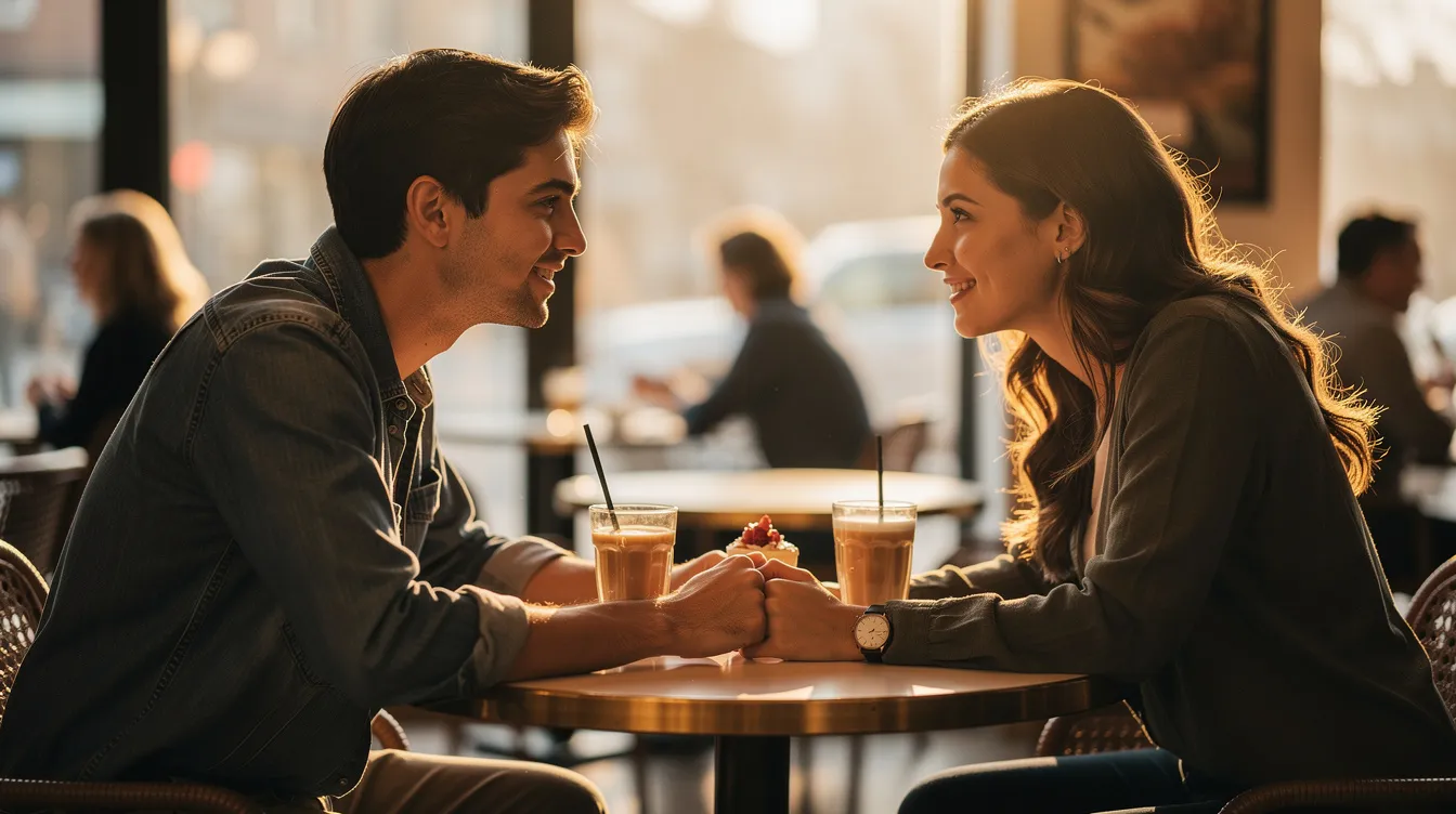 A couple sits across from each other at a cozy restaurant, engaged in a deep conversation about their past relationships and future goals, showcasing their mutual understanding and emotional availability. Their body language reflects a commitment to building a meaningful relationship, as they navigate the dating world with open communication and a focus on their core values.