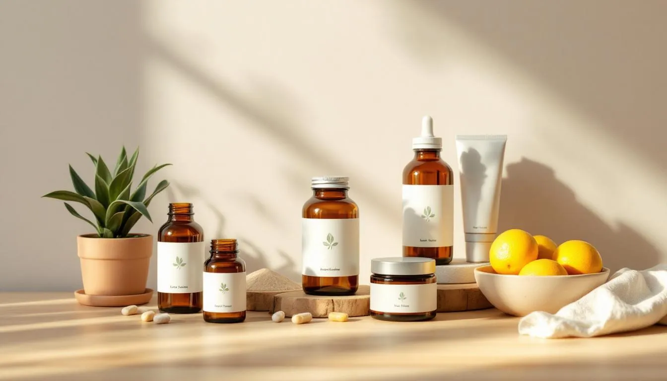 A variety of supplements aimed at enhancing skin health and beauty.