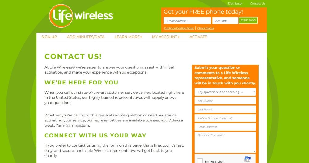 Life Wireless Contact Us page. 