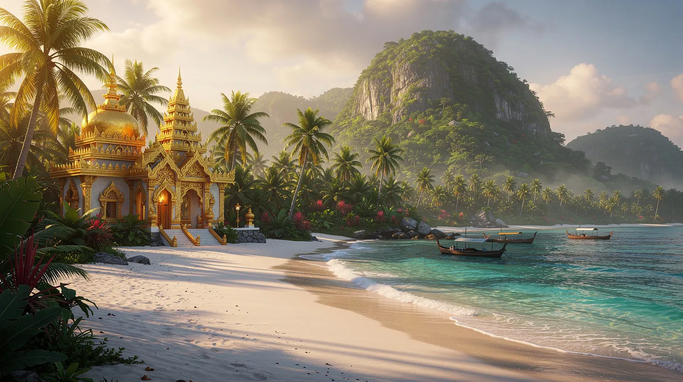 Uma paisagem tropical exuberante com templos dourados, como o Wat Arun, se destaca entre as montanhas verdes ao fundo, enquanto praias de águas cristalinas convidam os turistas a relaxar. Essa cena representa a beleza natural e cultural da Tailândia, um destino popular no sudeste asiático.