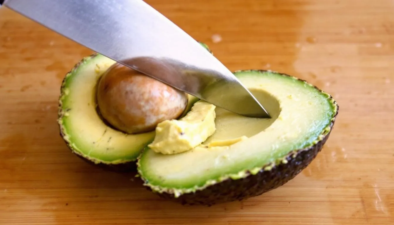 A close-up image shows creamy avocado flesh being carefully prepared, highlighting its rich texture and vibrant green color. While avocado can be a tasty treat for dogs, it