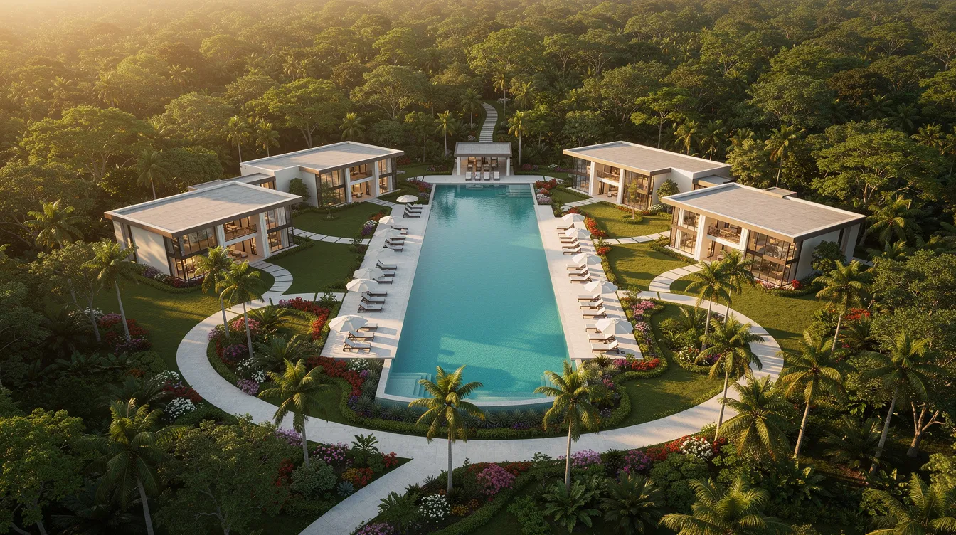 An aerial view showcases a completed luxury resort featuring a sparkling pool, beautifully landscaped gardens, and lush greenery surrounding the property. This stunning hotel project emphasizes modern design and energy efficiency, enhancing the guest experience while reflecting the high construction costs typical in the hospitality industry.